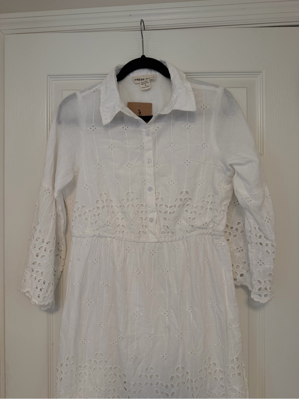 Women’s White Eyelet Midi Shirt Dress with Collar - Picture 2 of 6